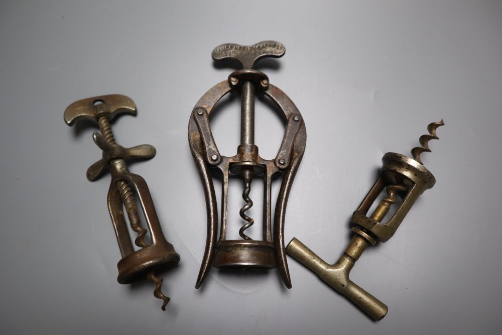 A James Heeley & Sons A1 Double Lever corkscrew and two barrel corkscrews